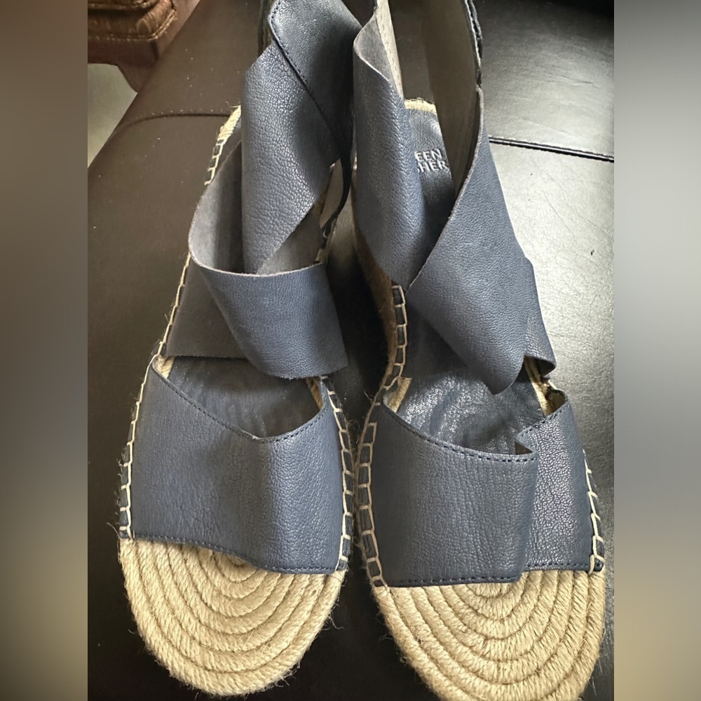 Eileen Fisher Willow Leather Strap Wedge Heel Espadrille Sandal-Blue- Women  10